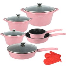 Ensemble de Cuisine 10 Pièces 3 Marmites/2 Poêles/1 Casserole Motif Diamant Rose