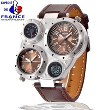 Montre XXL HOMME 4 Cadrans: 2 Fuseaux Horaires + Thermomètre + Boussole