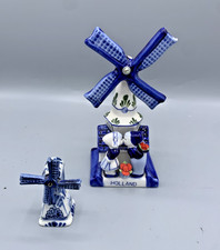 2 moulins à vent Hollandais en faïence de Delft – décor bleu amoureux - Pays-Bas