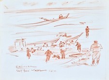 Claude VIETHO - Dessin original - Sanguine -  Pêche à St Aubin sur mer 1