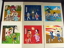 VINTAGE "SENGA" HAND DYED JAPANESE 6 PAINTINGS BY MUNEKATA DESIGN INSTITUTE 