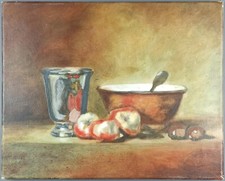 Ancien Tableau "Nature Morte aux Pêches de Vigne" Peinture Huile Oil Painting