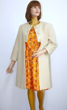 Vintage 50/60s Handmade Ecru Wool Coat Orange Silk Sheath Dress Set Size M