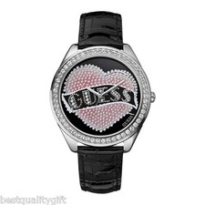 Neuf GUESS Cuir Noir, Rose Coeur Cristaux Strass Cadran WATCH-W70018L2