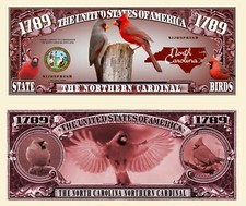 CARDINAL ROUGE BILLET MILLION DOLLAR ! Oiseau CAROLINE du NORD Etats US Birds of