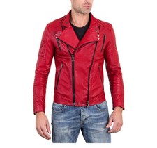 Blouson motard homme cuir agneau rouge vintage moto rider bomber jacket