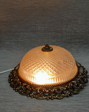 Plafonnier Vintage Demi Globe Verre Laiton Doré dlg Lucien Gau Circa 1980 Ø 24cm