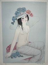 MARA TRAN LONG Geisha Rose LITHOGRAPHIE Japonaise Chapeau 171/250 Curiosa XX°