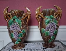Paire Anciens Grands Vases en Faïence Barbotine SARREGUEMINE Art Nouveau