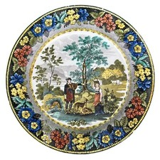 Assiette ancienne en faïence  Creil et Montereau polychrome 21.5 cm