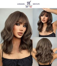 Perruque Femme Brun foncé Coupe frange Cheveux ondulés Synthétique Wig Frange