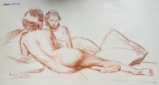ROBERT DUFLOS (1898-1960) DESSIN Sanguine FEMME  NUE ALLONGEE DEVANT LE MIROIR