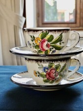 Duo TASSES+SOUS-TASSES à thé café céramique à décor floral polychrome peint main