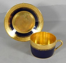 Tasse de collection, déjeuner en porcelaine incrustation d'or et bleu de four