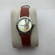 Disney Mickey Mouse Watch Classic Mickey Silver Tone Brown Leather Band MCK193
