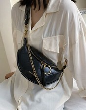 Sac Banane Noir 100% Similicuir Femme Ceinture Neuf Sacoche Chainette Doré Or FR