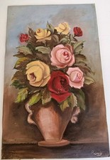 TABLEAU ANCIEN ART DÉCO BOUQUET DE FLEURS HUILE SUR CARTON SIGNÉ REMY ? 51X32cm