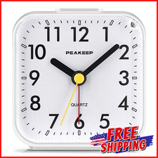 SMALL TRAVEL ANALOG ALARM CLOCK Battery Operated Silent No Ticking Lighted White