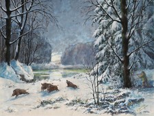 Victor DUMAY aquarelle dessin tableau scène chasse sanglier montagne neige art 