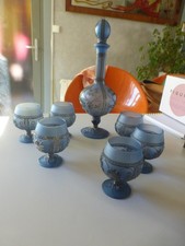 ancien service en verre de bohème  bleu avec application d'argent carafe 6 verre