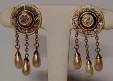 BIJOUX VINTAGE BOUCLES D'OREILLES CLIPS OR DE TOLÈDE CHAPEAU PERLES # A1