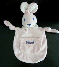 *. DOUDOU PLAT ARRONDI PICOT LAPIN ROSE COL BLANC POCHE  2 NOEUDS ETAT NEUF*