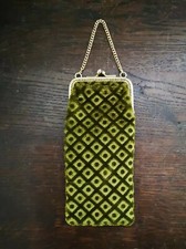 Vintage Ancien Étui À Lunettes Pour Femme En Velours Vert Avec Chaînette