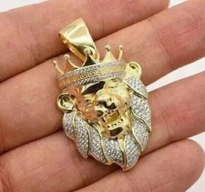 Homme King Lion Pendentif 14k or Jaune Plaqué 2 CT Coupe Ronde Imitation Diamant