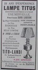 PUBLICITE TITO LANDI LAMPE TITUS A INCANDESCENCE LUMINAIRE DE 1926 FRENCH AD PUB