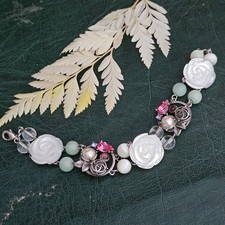 Bracelet Romantique Nacre Pierres Fines Métal Argenté Strass 19x21mm