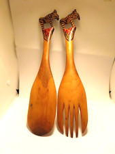 Serveurs à salade en bois cuillère et fourchette poignée zèbre,  fait main, teck