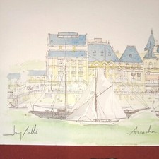 ARCACHON gravure aquarellée