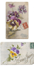 3 CPA cartes postales anciennes  1 celluloïd belles pensées violettes +  système