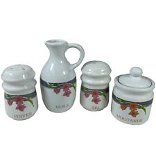 Salière Poivrière, Huilier, Moutardier Set Art de la Table Décor Floral 4 Pièces