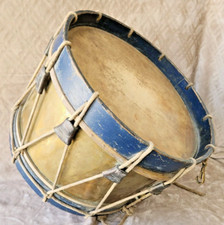 Ancien tambour bois bleu et laiton style Empire fanfare garde champêtre musique