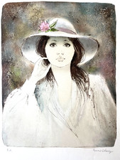 Lithographie originale signée du peintre B. Charoy "Jeune fille au chapeau"