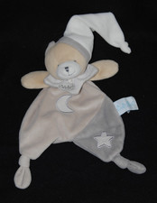 Doudou plat ours BABY NAT' luminescent lune étoile gris beige bonnet TTBE