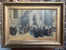 BRETAGNE /Tableau ancien huile Sur Toile Encadre Signé /antique/religieux