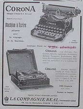 PUBLICITE MACHINE A ECRIRE CORONA TYPEWRITER COMPAGNIE REAL DE 1914 FRENCH AD