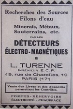 PUBLICITÉ 1934 DÉTECTEUR DE METAUX ÉLECTRO MAGNÉTIQUE L. TURENNE