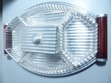 Ancien Plateau miroir Art Déco bois métal 5 compartiments en verre moulé