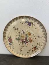 ancien plat rond gateau service porcelaine email limoges fleur dore retro