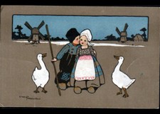 Couple GARDIEN d'OIES au MOULIN à VENT / illustrée par ETHEL PARKINSON vers 1900