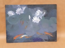 tableau peinture ASP art nénuphars bleus poisson rouge carpe koï signé 2003
