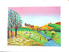 André CODAGOGNE, Grande Lithographie originale, Paysage Naïf , Judaica