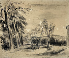 Fiacre DESSIN Original BERTHOLD MAHN Voiture Cheval Paysage XX°