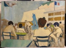 TABLEAU PERSONNAGES A LA PISCINE HUILE SUR TOILE NON SIGNEE A RESTAURER