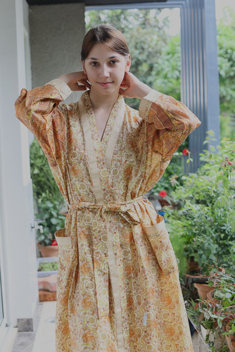 Robe longue kimono beige-vert