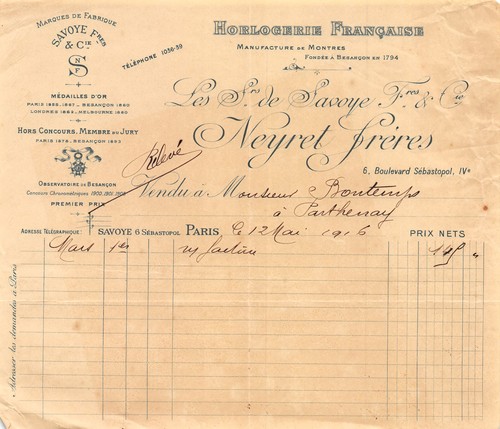 Facture 1916 horlogerie - ,