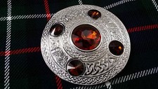 Celtique Mouche Plaid Broche Marron 5 Pierre Finition Chrome / Kilt Écossais